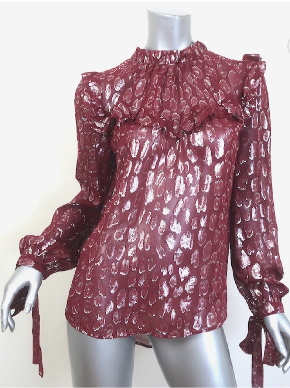 Womens Veronica Beard Brooks Metallic Silk Tie Sleeve Blouse Burgundy Size 6